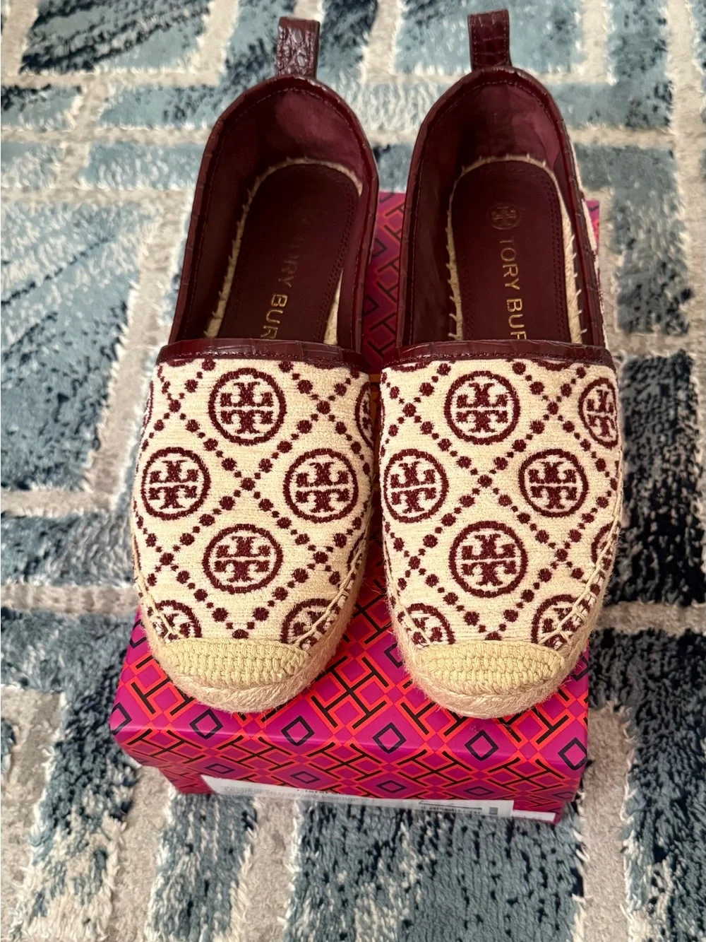 Tory Burch Cream Canvas Espadrilles with Burgundy Logo Pattern